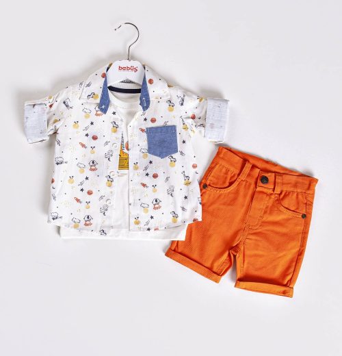Baby Boys Three Piece Spaceship Print Shirt, T-Shirt & Chino Shorts Set (9-24M)