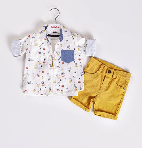 Baby Boys Three Piece Spaceship Print Shirt, T-Shirt & Chino Shorts Set (9-24M)