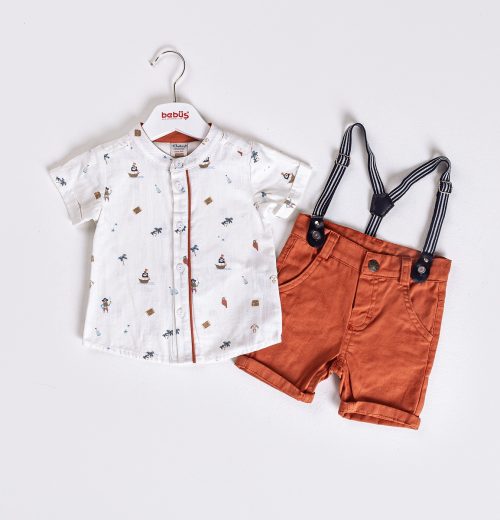 Baby Boys Three Piece Pirate Print Shirt, T-Shirt & Chino Braces Shorts Set (9-24M)