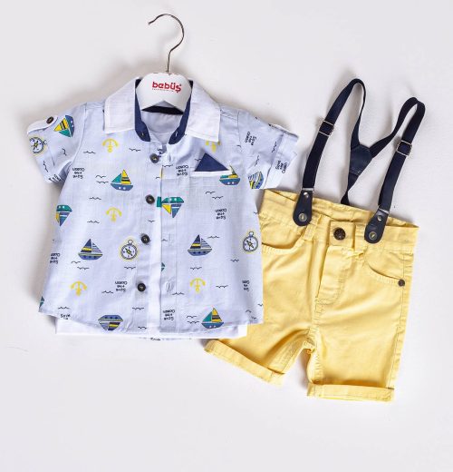 Baby Boys Three Piece Sailor Print Shirt, T-Shirt & Chino Braces Shorts Set (9-24M)