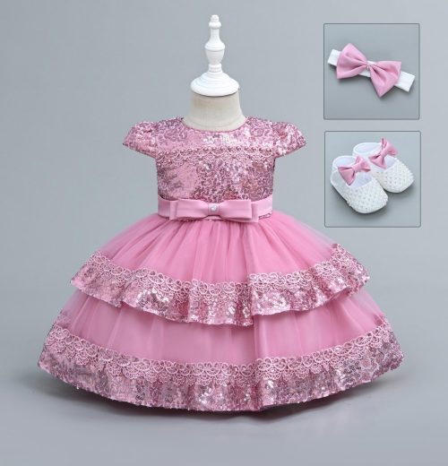 Baby Girls Layered Sequin Party Dress with Shoes and Headband (6-24M)