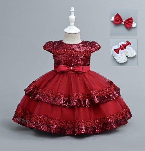 Baby Girls Layered Sequin Party Dress with Shoes and Headband (6-24M)