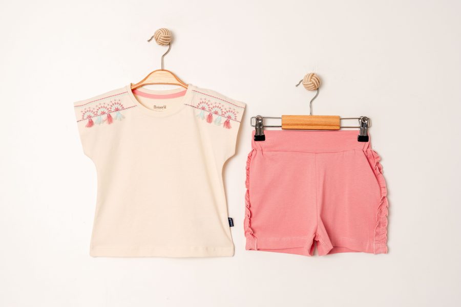 17448 pink scaled Girls Two Piece Embroidered Tassel T-Shirt & Frilly Short Sets (3-6Y)