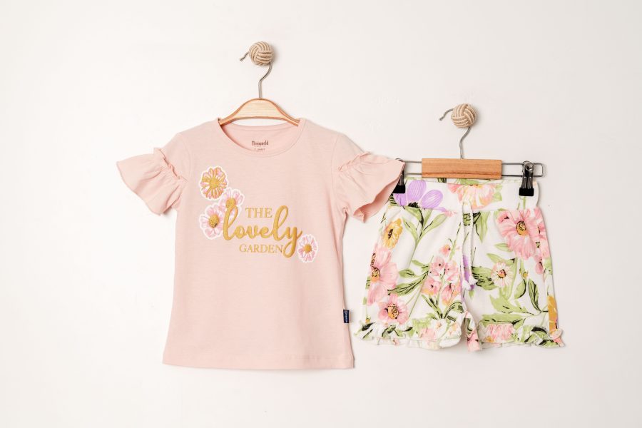 17458 pink scaled Girls Two Piece Embroidered T-Shirt & Floral Short Sets (3-6Y)