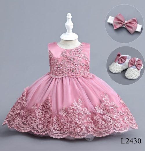 Baby Girls Embroidered Diamante Pearl Party Dress with Shoes and Headband (6-24M)