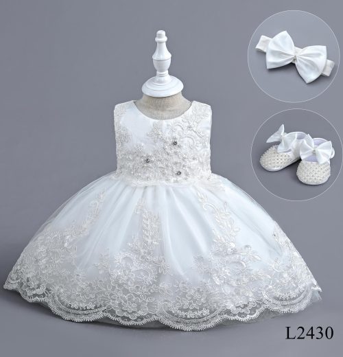 Baby Girls Embroidered Diamante Pearl Party Dress with Shoes and Headband (6-24M)