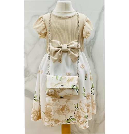 Girls Rose Print Short Sleeve Bow Dress with Purse (4-14Y)