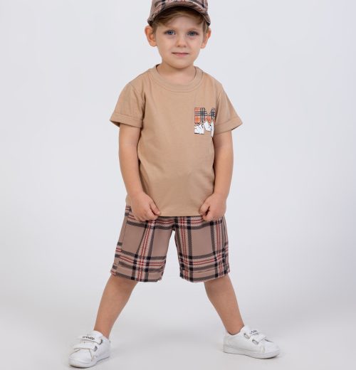 Boys Two Piece "M" T-Shirt & Check Shorts Set with Cap (2-5Y)