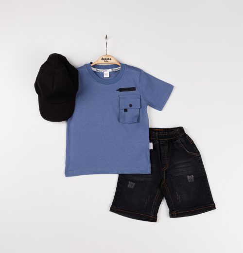 Boys Two Piece Pocket T-Shirt & Denim Shorts Set with Cap (2-5Y)