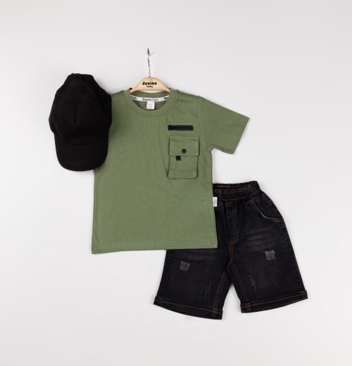 Boys Two Piece Pocket T-Shirt & Denim Shorts Set with Cap (2-5Y)