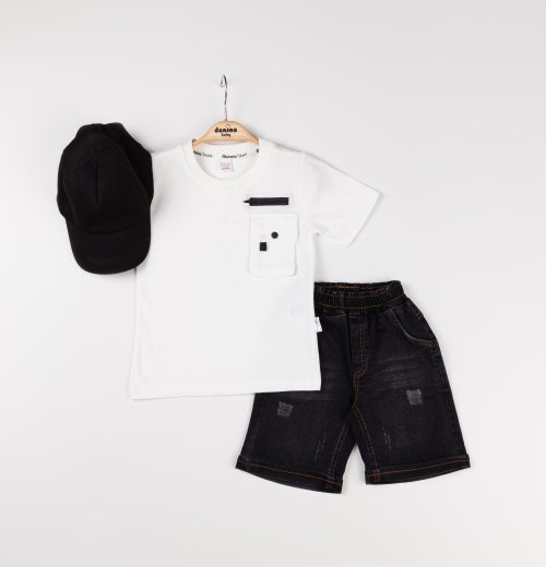 Boys Two Piece Pocket T-Shirt & Denim Shorts Set with Cap (2-5Y)