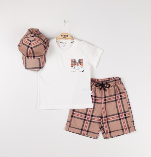Boys Two Piece "M" T-Shirt & Check Shorts Set with Cap (2-5Y)