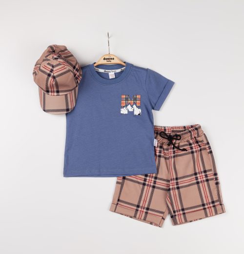 Boys Two Piece "M" T-Shirt & Check Shorts Set with Cap (2-5Y)