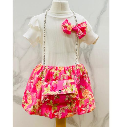 Girls Floral Print Short Sleeve Bow Dress with Purse (4-14Y)