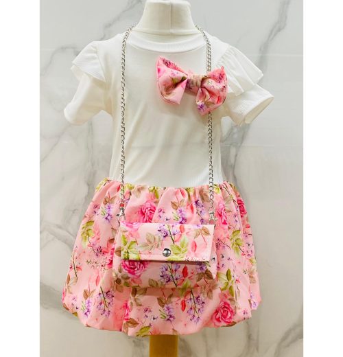 Girls Floral Print Short Sleeve Bow Dress with Purse (4-14Y)