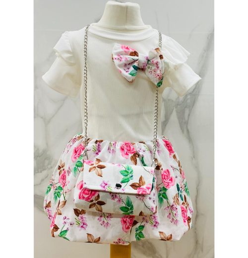 Girls Floral Print Short Sleeve Bow Dress with Purse (4-14Y)