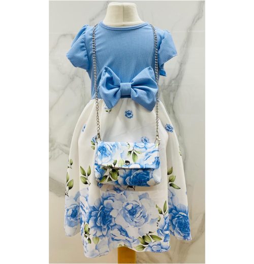 Girls Rose Print Short Sleeve Bow Dress with Purse (4-14Y)