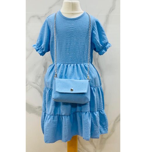 Girls Full Diamante Short Sleeve Layered Dress with Purse (4-14Y)