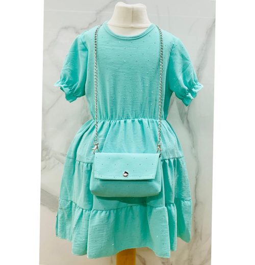 Girls Full Diamante Short Sleeve Layered Dress with Purse (4-14Y)