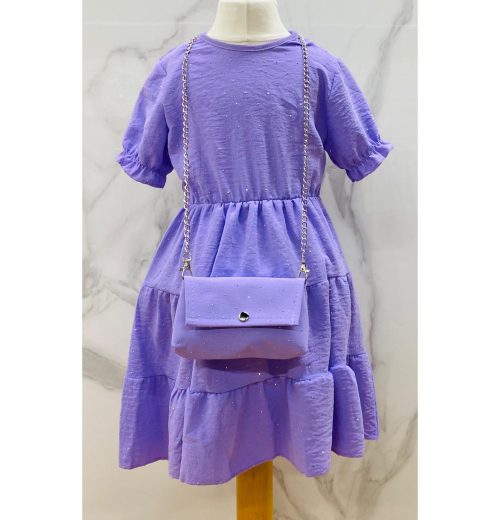 Girls Full Diamante Short Sleeve Layered Dress with Purse (4-14Y)