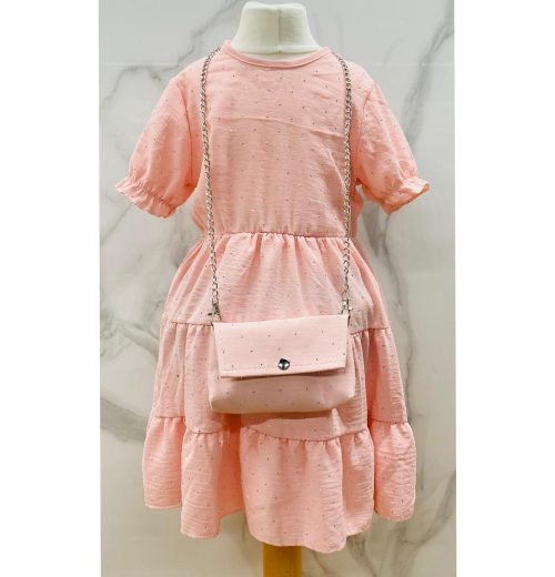 Girls Full Diamante Short Sleeve Layered Dress with Purse (4-14Y)