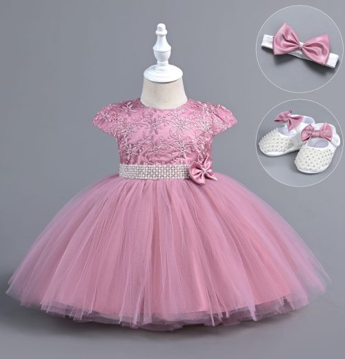 Baby Girls Embroidered Diamante Pearl Party Dress with Shoes and Headband (6-24M)