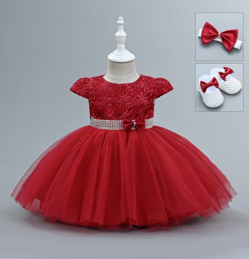 Baby Girls Embroidered Diamante Pearl Party Dress with Shoes and Headband (6-24M)