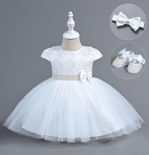 Baby Girls Embroidered Diamante Pearl Party Dress with Shoes and Headband (6-24M)