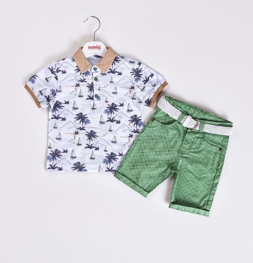 Boys Two Piece Surfer Print Polo T-Shirt & Chinos Shorts Set (2-5Y)