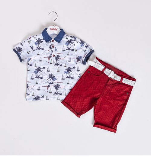 Boys Two Piece Surfer Print Polo T-Shirt & Chinos Shorts Set (2-5Y)
