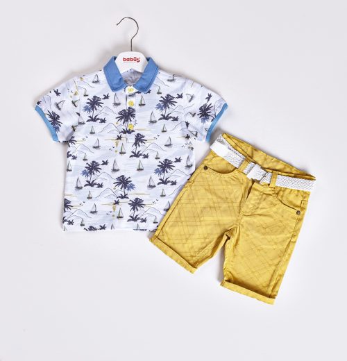 Boys Two Piece Surfer Print Polo T-Shirt & Chinos Shorts Set (2-5Y)