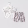 14350 beige Baby Boys Two Piece Embroidered Shirt & Check Shorts Set (9-24M)