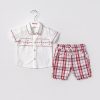 14350 red Baby Boys Two Piece Embroidered Shirt & Check Shorts Set (9-24M)