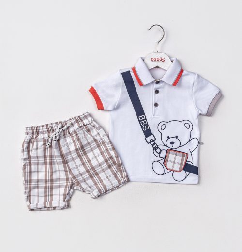 Baby Boys Two Piece Teddy Polo T-Shirt & Check Shorts Set (9-24M)
