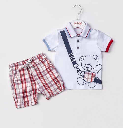 Baby Boys Two Piece Teddy Polo T-Shirt & Check Shorts Set (9-24M)