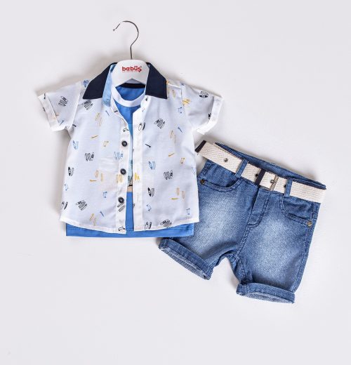 Baby Boys Three Piece Surfer T-Shirt, Shirt & Denim Shorts Set (9-24M)