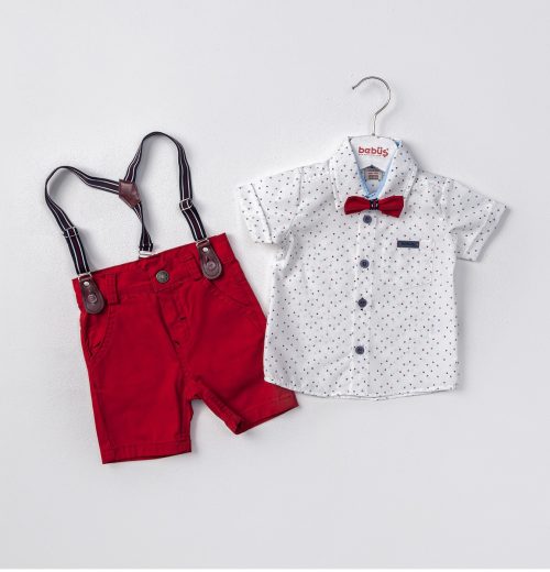 Baby Boys Two Piece Bow Tie Printed Shirt & Chino Braces Shorts Set (9-24M)