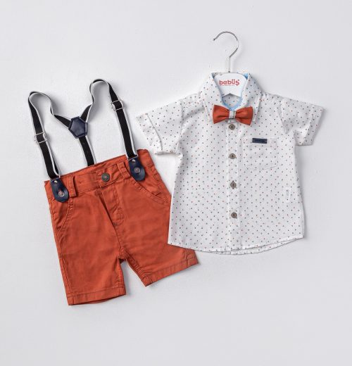 Baby Boys Two Piece Bow Tie Printed Shirt & Chino Braces Shorts Set (9-24M)