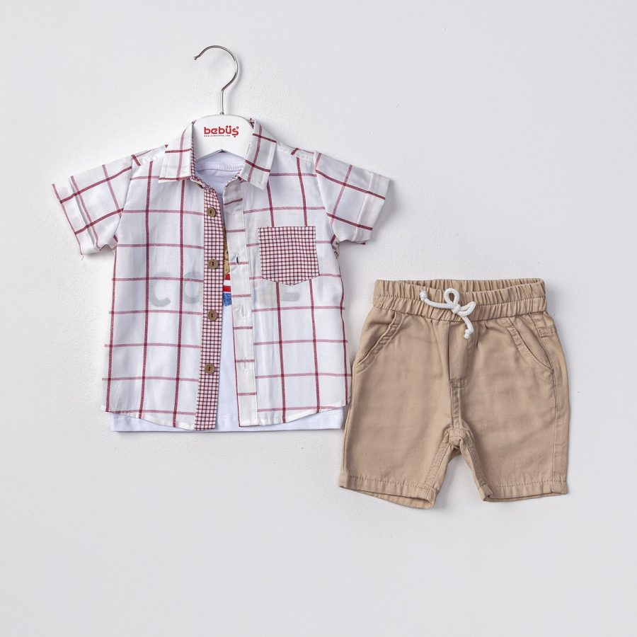 14451 white Baby Boys Three Piece Teddy T-Shirt, Check Shirt & Chino Shorts Set (9-24M)