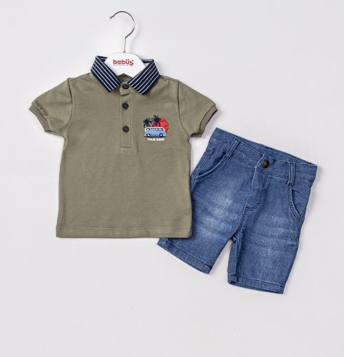 Boys Two Piece Embroidered Palm Tree Polo T-Shirt & Denim Shorts Set (2-5Y)