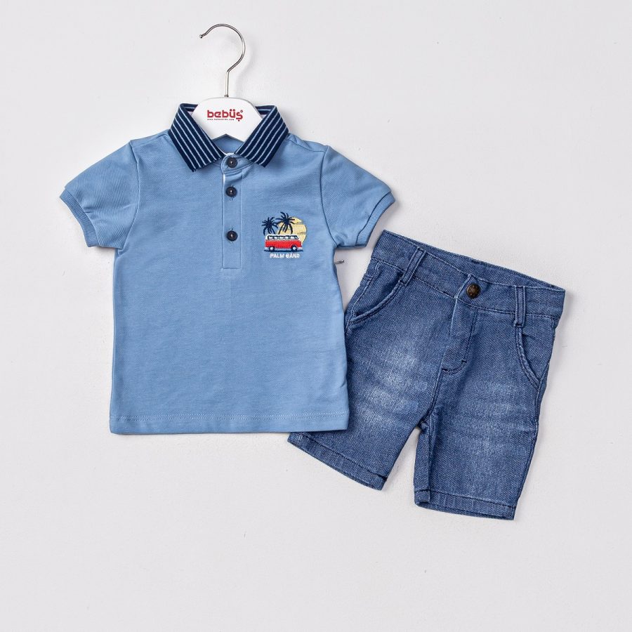 14461 blue final Boys Two Piece Embroidered Palm Tree Polo T-Shirt & Denim Shorts Set (2-5Y)