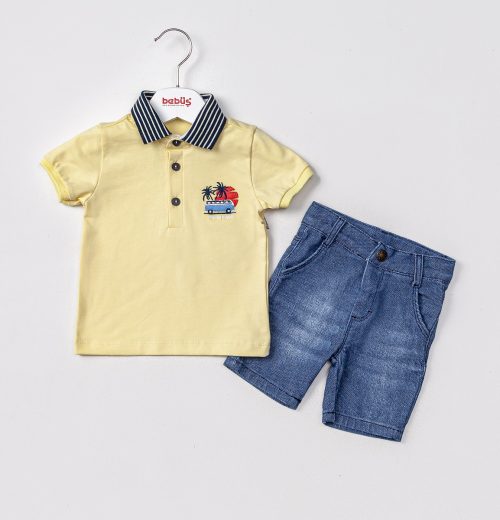 Boys Two Piece Embroidered Palm Tree Polo T-Shirt & Denim Shorts Set (2-5Y)