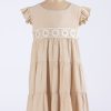 2639 BEIGE Girls Floral Lace Crinkle Effect Frilly Sleeve Summer Dress (2-12Y)
