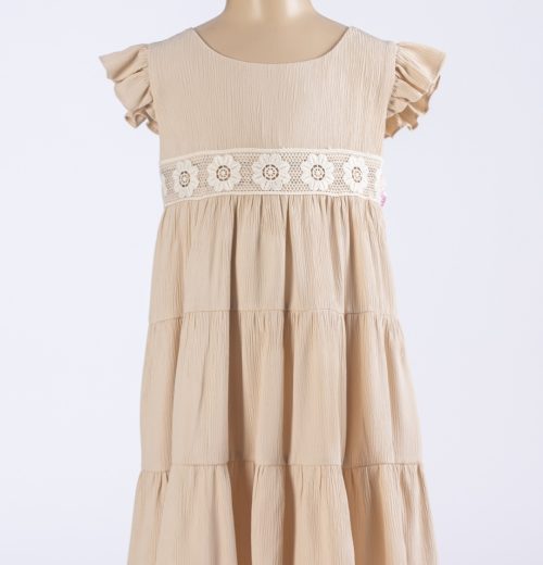 Girls Floral Lace Crinkle Effect Frilly Sleeve Summer Dress (2-12Y)