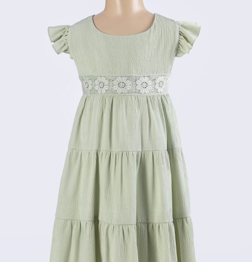 Girls Floral Lace Crinkle Effect Frilly Sleeve Summer Dress (6-12Y)