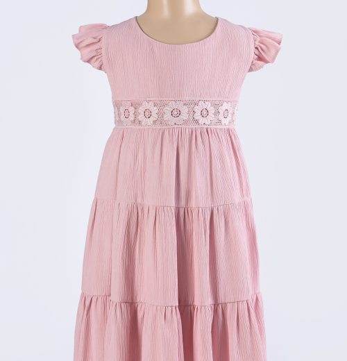 Girls Floral Lace Crinkle Effect Frilly Sleeve Summer Dress (2-12Y)