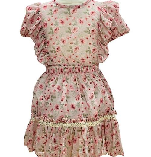Girls Rose Print Frilly Summer Dress (6-9Y)
