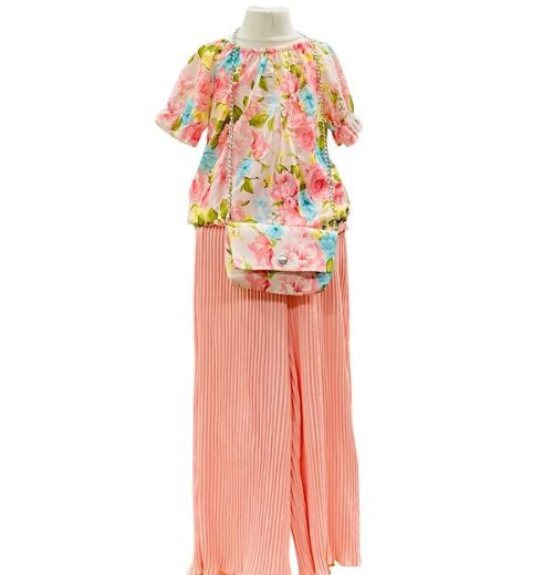 Girls Floral Print Short Sleeve Top & Crinkle Culottes Set with Purse (4-14Y)