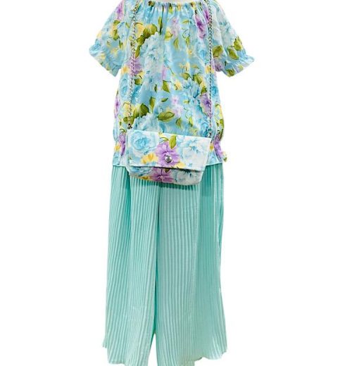 Girls Floral Print Short Sleeve Top & Crinkle Culottes Set with Purse (4-14Y)