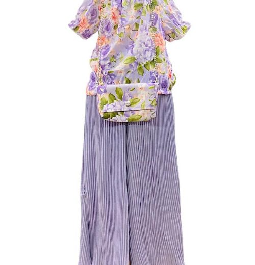 Girls Floral Print Short Sleeve Top & Crinkle Culottes Set with Purse (4-14Y)